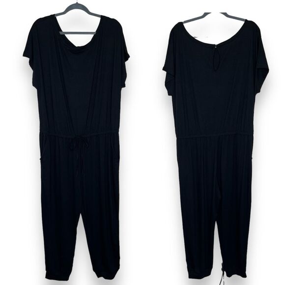 NWT Pretty Garden Black Jumpsuit Cap Sleeve Elastic Waist Tie Romper Women 3X - Picture 1 of 16